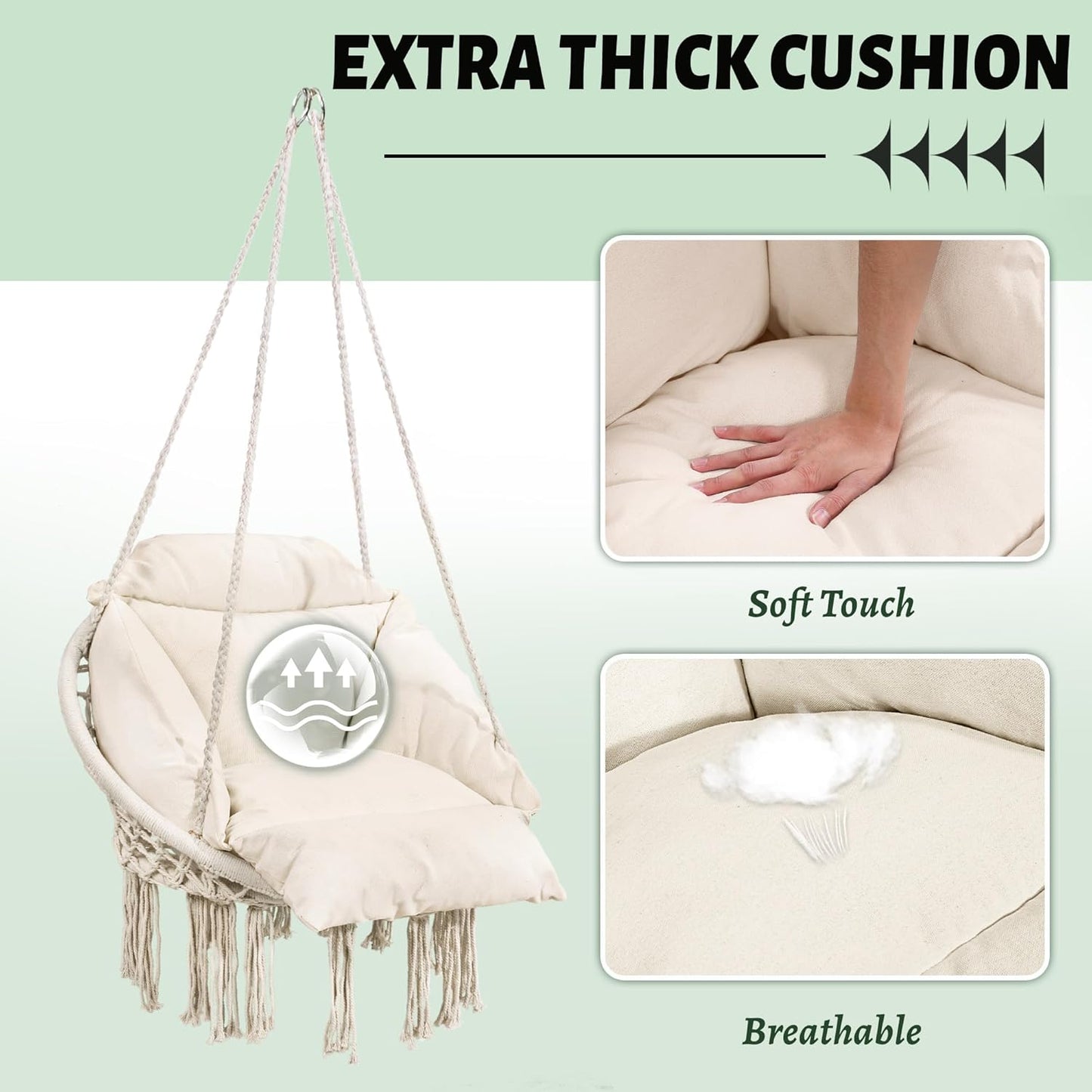 Macrame Hammock Hanging Swinging Chair with Oversized Cushion, Perfect for Bedroom, Porch, Kids, Adults, Balcony, Beige-VerdiqueGarden