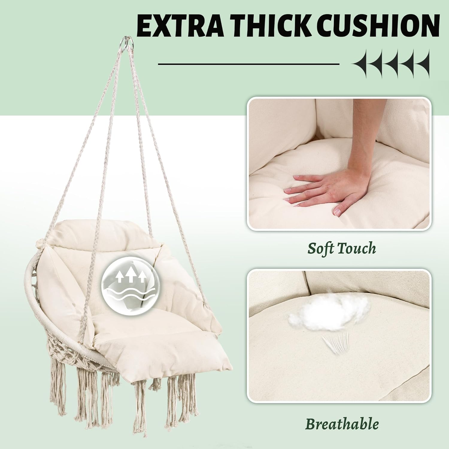 Macrame Hammock Hanging Swinging Chair with Oversized Cushion, Perfect for Bedroom, Porch, Kids, Adults, Balcony, Beige-VerdiqueGarden