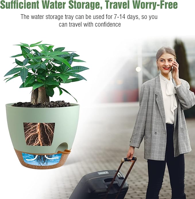 12 inch Large Self Watering Pots, Plastic Planters with 60oZ Removable Deep Reservoir and Multi Mesh Drainage Holes for Indoor Outdoor Garden Plants and Flowers, Green with Brown-VerdiqueGarden