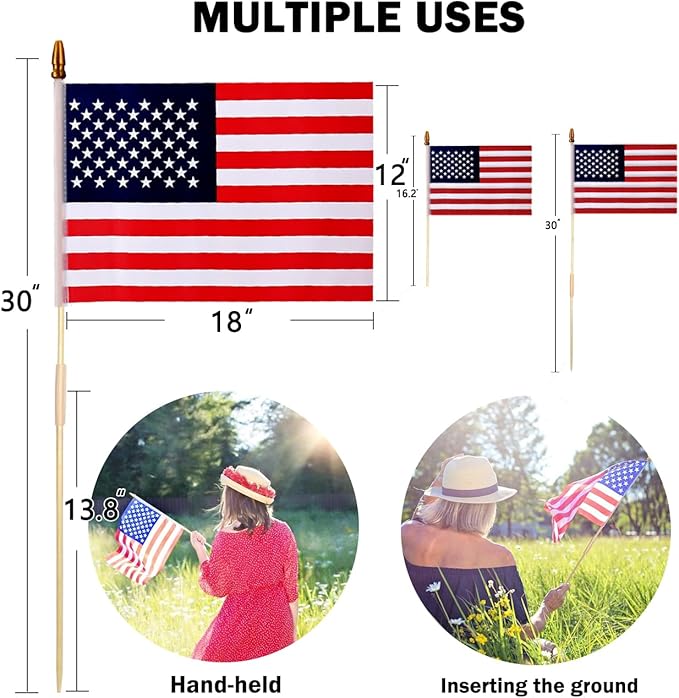100 Pcs 12x18 Inch American Flags on Stick, American Flags, USA Stick Flag with Handheld and Grounded Multi-Purpose Flagpole, Design for Memorial Day, 4th of July, Veterans Day-VerdiqueGarden
