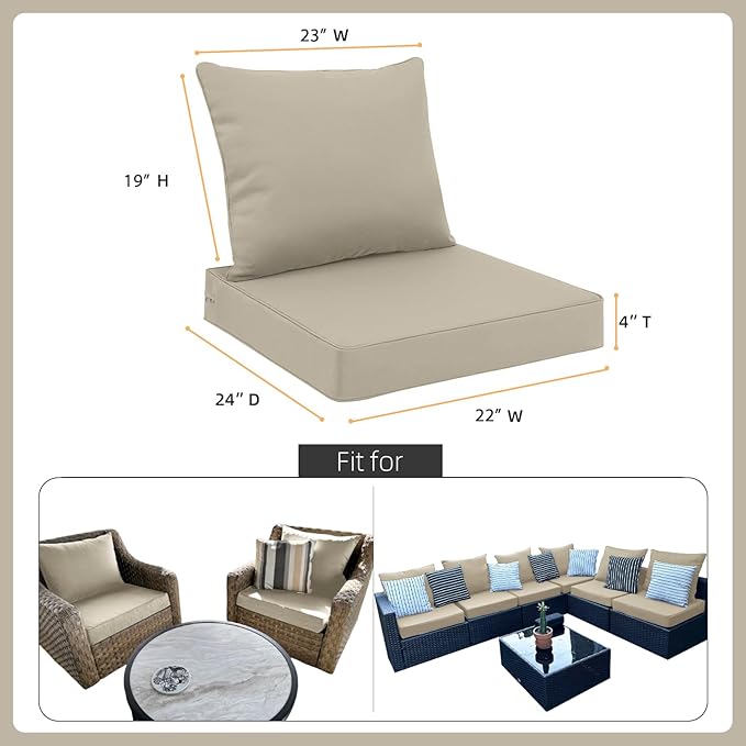 Favoyard Outdoor Seat Cushion Set 22 x 24 Inch Waterproof & Fade Resistant Patio Furniture Cushions with Removable Cover Deep Seat & Back Cushion with Handle and Adjustable Straps for Chair Sofa Couch-VerdiqueGarden
