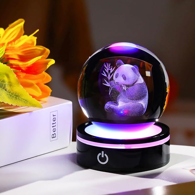 YWHL 3D Panda Figurine Crystal Ball with Colorful Light Base, Panda Gifts for Women Men on Christmas Birthday, 3D Laser Engraved Full Sphere Glass Decorative Ball for Home Office (80mm)-VerdiqueGarden