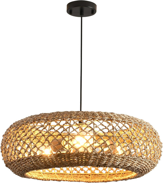 20.1" Large Rattan Chandelier, 3 Light Hanging Light, Boho Wicker Pendant Lighting, for Kitchen Island, Bedroom, Dining Room, Entryway, Foyer-VerdiqueGarden