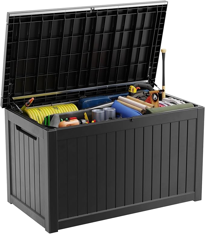 XXL 230 Gallon Large Resin Deck Box, Lockable Outdoor Storage Box for Patio Cushions Storage Furniture,Garden Tools, Pool Supplies, Weatherproof and UV Resistant- Black (230 Gallon)-VerdiqueGarden