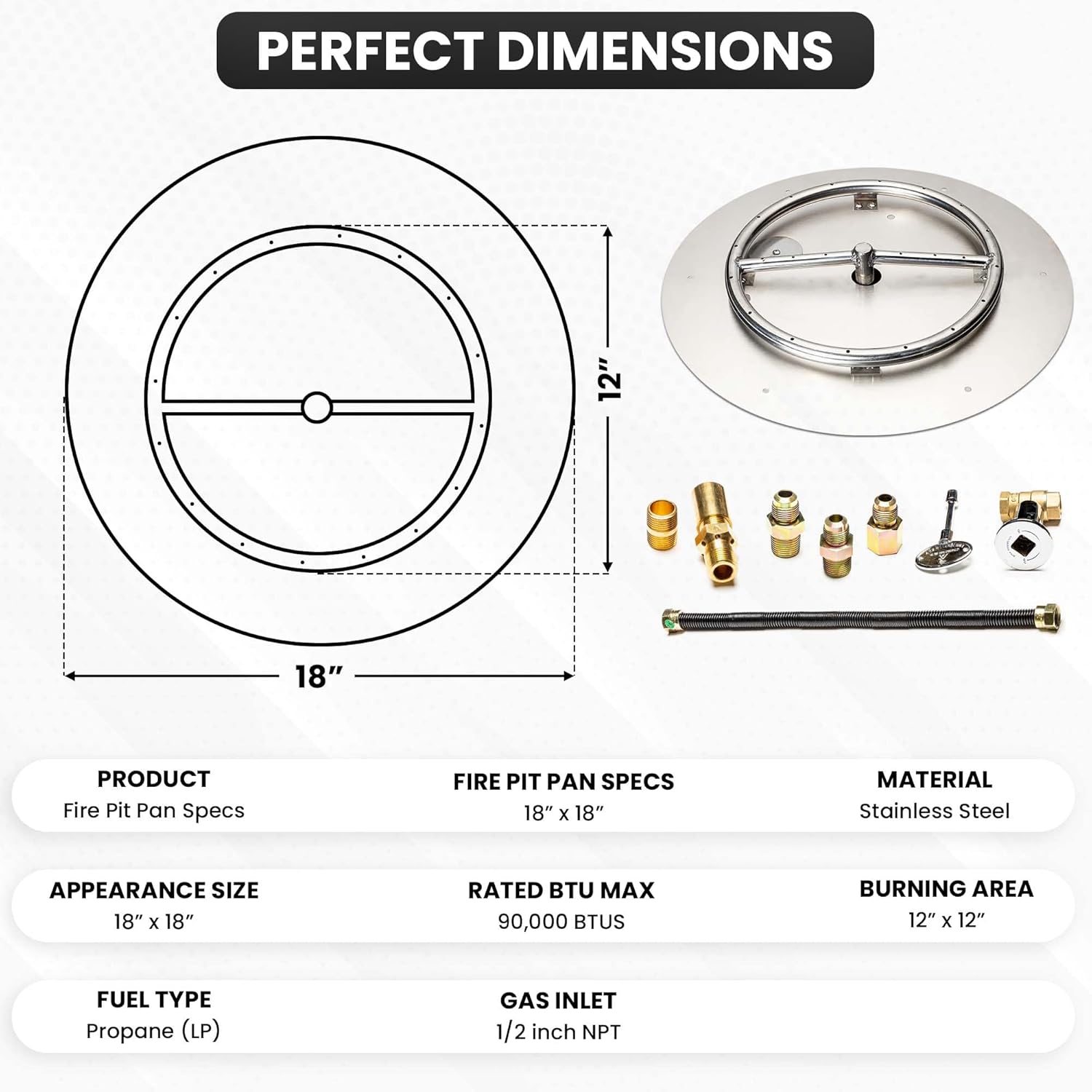 Fire Pit Burner Pan & Ring - Works with Liquid Propane - Stainless Steel Fire Pit Burner Kit 18-Inch Pan, 12-Inch Ring - 90,000 BTU Max-VerdiqueGarden