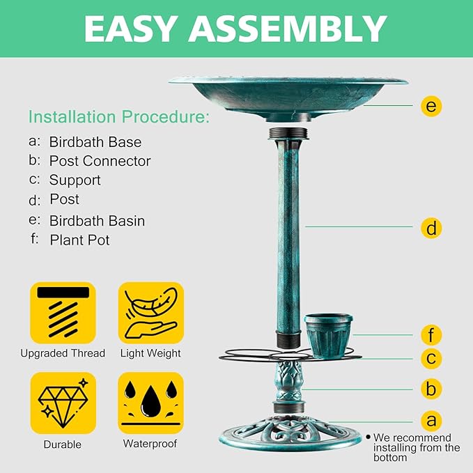 Bird Bath for Outside with 4 Removable Flower Planters 28in Polyresin Lightweight Vintage Birdbath Stake Standing Bowl and Water Feeder Yard Gardan Decor Green-VerdiqueGarden