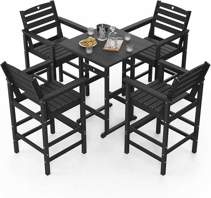 5-Piece Bar Height Outdoor Table and Chairs Set, HDPE Wood Grain Patio Bar Table and Chairs with Heart Cutout Design, Weather-Resistant Bar Height Furniture for Deck, Porch, Pool (Black)-VerdiqueGarden