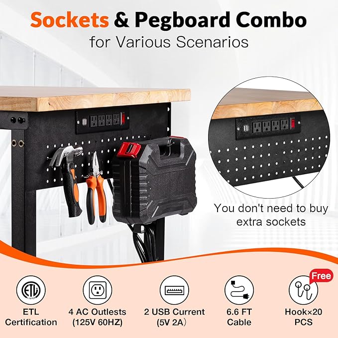 Adjustable Height Workbench, Heavy Duty Table Rubber Wood Workstation with Power Outlet & Pegboard for Garage, Office, Workshop, Home,Commercial (60"×22"|Shelf)-VerdiqueGarden