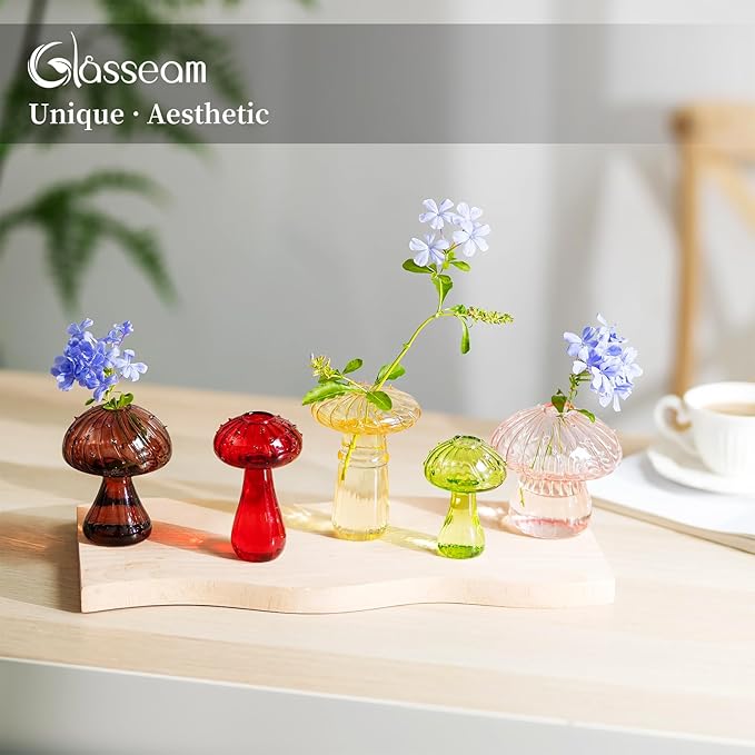 Glasseam Mushroom Planter Propagation Vase, Set of 10 Glass Terrariums for Plants, Cute Hydroponic Small Planter, Colored Propagate Station, Decorative Bud Vases for Flowers, Unique Gifts for Women-VerdiqueGarden