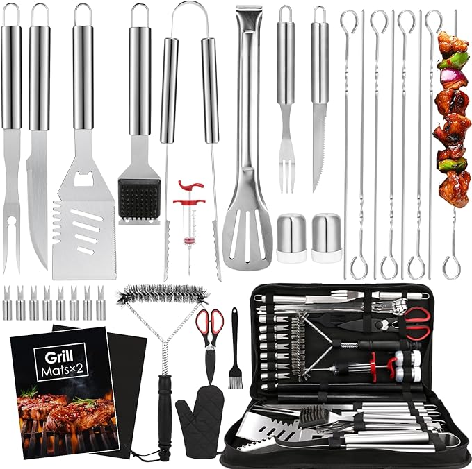 Yoehka BBQ Grilling Accessories Set, 34Pcs Heavy Duty Grill Tools for Outdoor Camping, Grilling Gifts for Men Dad, Stainless Steel Barbecue Utensils Kit with Mats and Glove in Carrying Bag, Silver-VerdiqueGarden