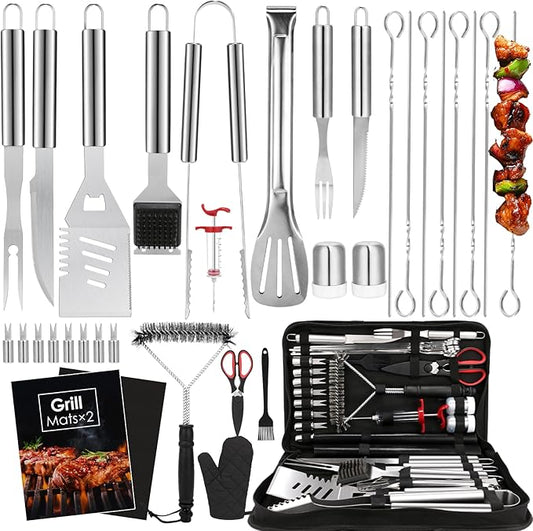 Yoehka BBQ Grilling Accessories Set, 34Pcs Heavy Duty Grill Tools for Outdoor Camping, Grilling Gifts for Men Dad, Stainless Steel Barbecue Utensils Kit with Mats and Glove in Carrying Bag, Silver-VerdiqueGarden
