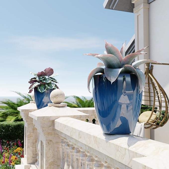 QCQHDU Plant Pots Set of 2 Pack,10 Inch Plant Pot for Indoor and Outdoor Plants with Drainage Hole,Flower Pots Modern Decorative Planter for Garden Plants (Blue)-VerdiqueGarden