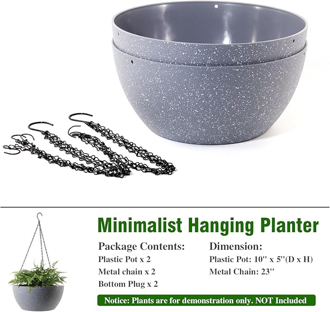 10 inch Hanging Planters for Outdoor Indoor Plants with Drainage Holes and Chain, 2 Pack Round Hanging Flower Plant Pots for Garden Home Porch Decor, Speckled Grey-VerdiqueGarden