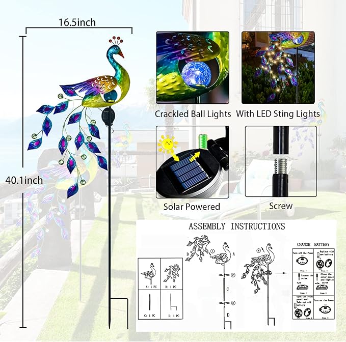 DREAMSOUL Solar Garden Lights Outdoor, Metal Peacock Decor Solar Lights Garden Stakes with Led String Lights, Waterproof Crackle Glass Ball Landscape Path Light for Lawn Patio-VerdiqueGarden