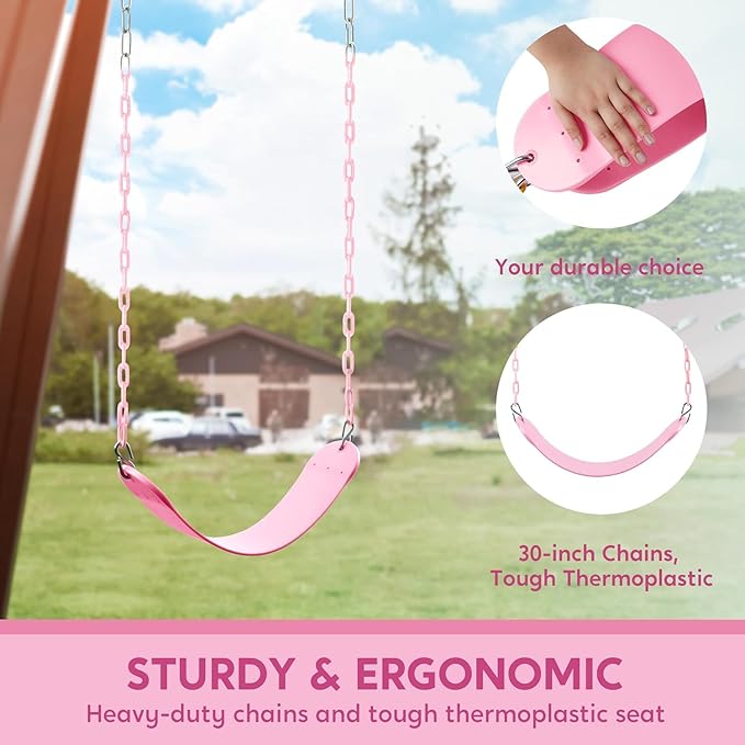 TURFEE Heavy Duty Swing Seat Pink Color with 66” Chain, Swing Set Accessories Replacement with Snap Hooks for Kids Outdoor Play Playground-VerdiqueGarden