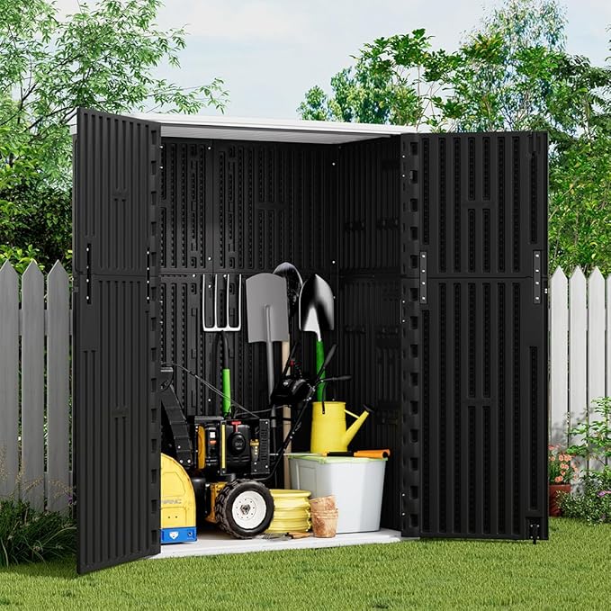 KINYING Outdoor Storage Shed,57 Cu.ft Vertical Outdoor Storage Cabinet Waterproof, Outdoor Resin Tool Shed for Patio Furniture, Garden Tools, Pool Accessories, Lawn Mower(Black Color)-VerdiqueGarden