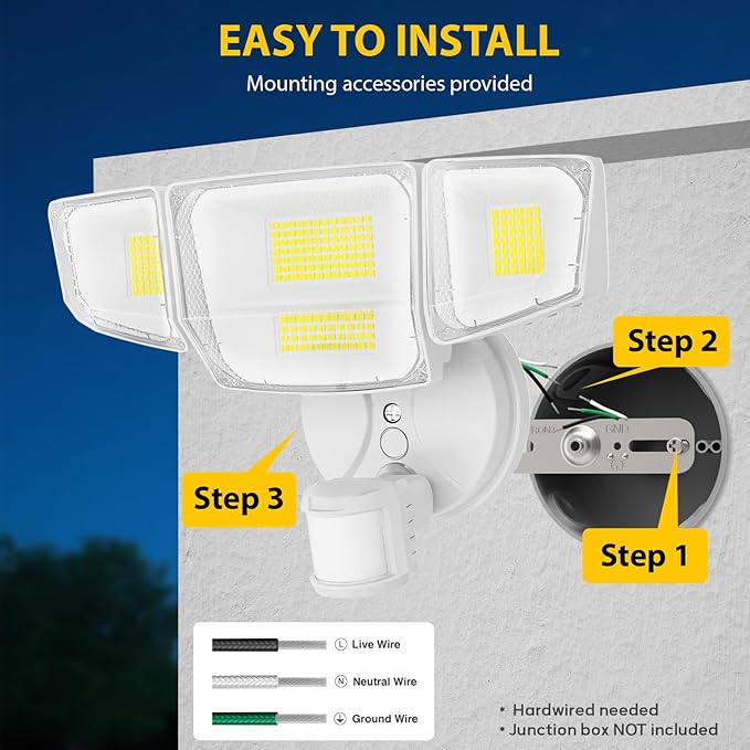 90W 10000LM LED Security Lights Motion Sensor Outdoor Lights, 4 Head Dusk to Dawn, 6500K Daylight Flood Lights Outdoor Motion Sensor, IP65 Waterproof, Motion Light for Outside, Garage, Yard, Porch-VerdiqueGarden