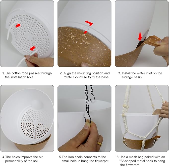 Self Watering Hanging Planters 10 inch, 2 Pack Hanging Baskets for Indoor Outdoor Plants, Hanging Flower Pots with Drainage Holes & 2 Kinds of Plant Hangers for Garden Home Décor, White Brown-VerdiqueGarden