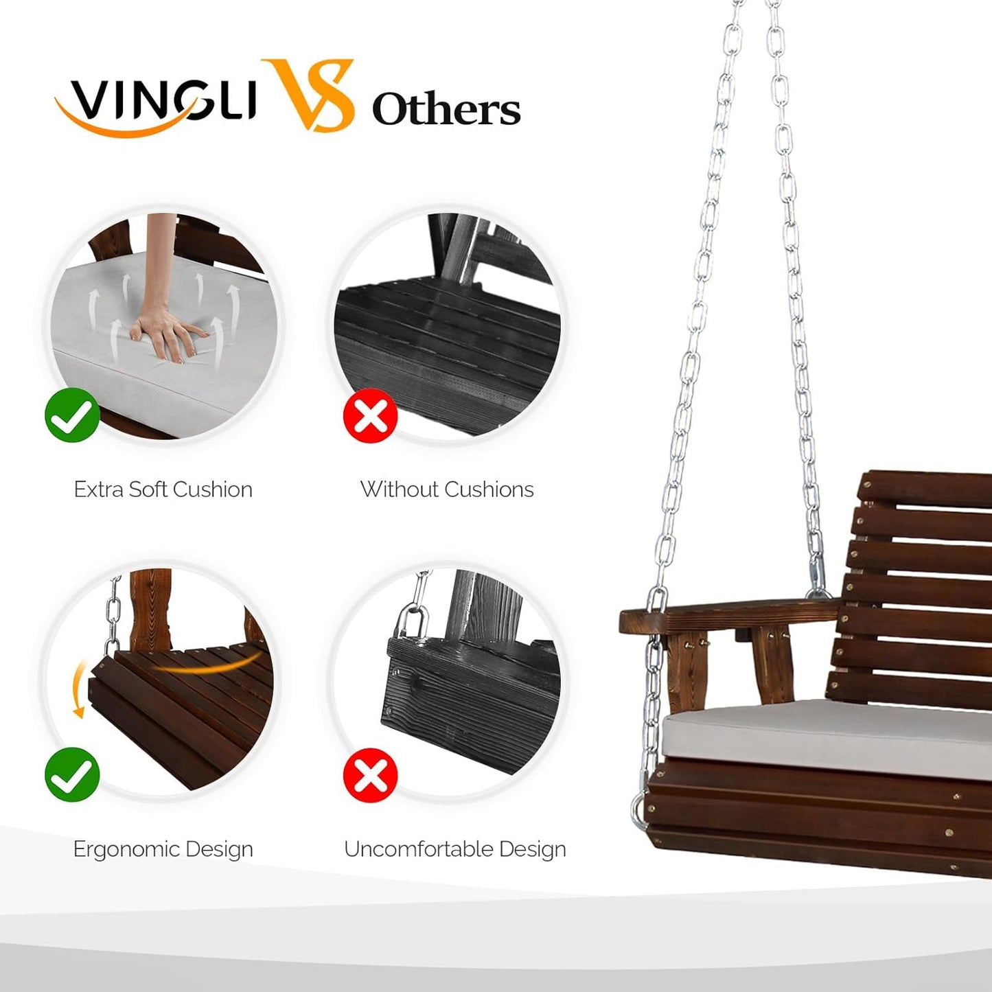VINGLI Heavy Duty 880 LBS Patio Wooden Porch Swing Outdoor with Extra Cushion, Farmhouse Hanging Bench Tree Swing with Adjustable Chains for Yard | Garden | Lawn | Balcony (5 FT, Rustic)-VerdiqueGarden