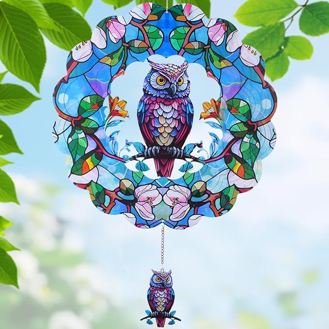 Wind Spinners Outdoor, FACIACC Owl Metal 3D Hanging Garden Decor, 12-inch Stainless Steel Wind Spinner with Tail Spinner, Wind Sculptures for Indoor Patio Lawn Yard, Ornament Gift for Women/Men-VerdiqueGarden