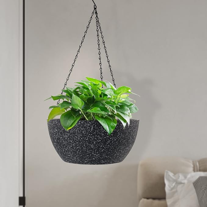 10 inch Hanging Planters for Outdoor Indoor Plants with Drainage Holes and Chain, 2 Pack Round Hanging Flower Pots for Garden Home Porch Decor, Speckled Black-VerdiqueGarden