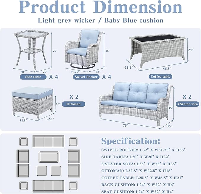 Wicker Patio Furniture Sets - 13 Piece Outdoor Rattan Furniture Conversation Sets with 4 Swivel Rocker Chairs, 2 Rattan Sofas, Wicker Ottomans and Coffee Table, Light Grey/Baby Blue-VerdiqueGarden