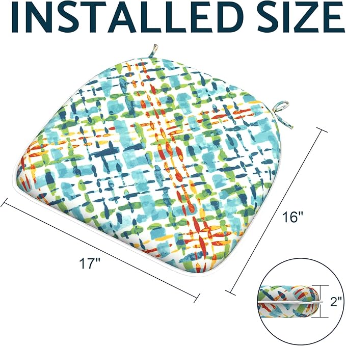 Indoor/Outdoor Chair Cushions 16x17 Inch, Patio Chair Cushions with Ties, All Weather Seat Cushions for Patio Furniture Home Garden Chair Use, Set of 2,Acapa Opal Geometric-VerdiqueGarden