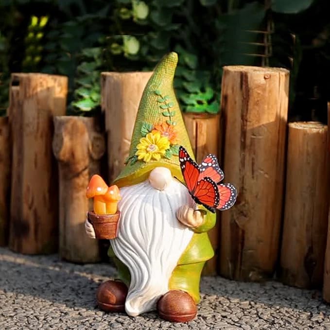 Garden Gnomes Outdoor Garden Decor-Resin Gnome with Solar Outdoor Lights Decorative Mushroom and Vivid Butterfly Spring Gnomes Decorations for Yard Decor,Gardening Gifts for Women-VerdiqueGarden