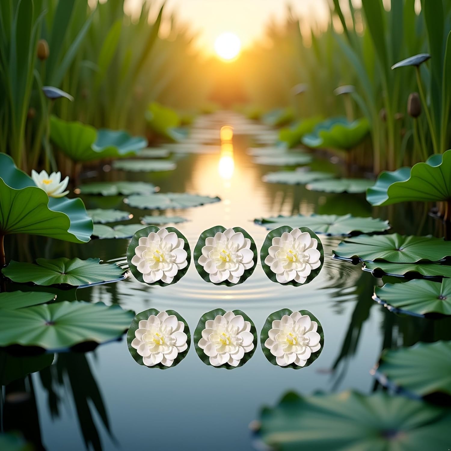 6 Pcs White Artificial Lotus Flowers Large Floating Lotus Faux Water Lily Flowers Fish Pond Artificial Plants with Artificial Lily Pads, Artificial Plants, Lotus Flower, Decorations-VerdiqueGarden