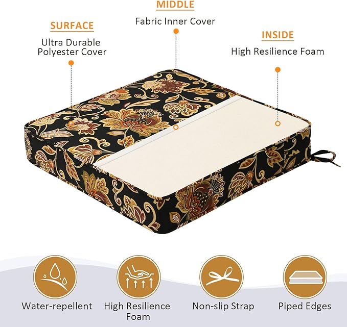 Square Corner Seat Cushions, 19" x 19" x 3", Set of 4, Indoor Outdoor Water Repellent Universal Chair Pads with Ties for Patio Furniture, Garden Deck Dining Chairs, Red Yellow Vine Flower-VerdiqueGarden