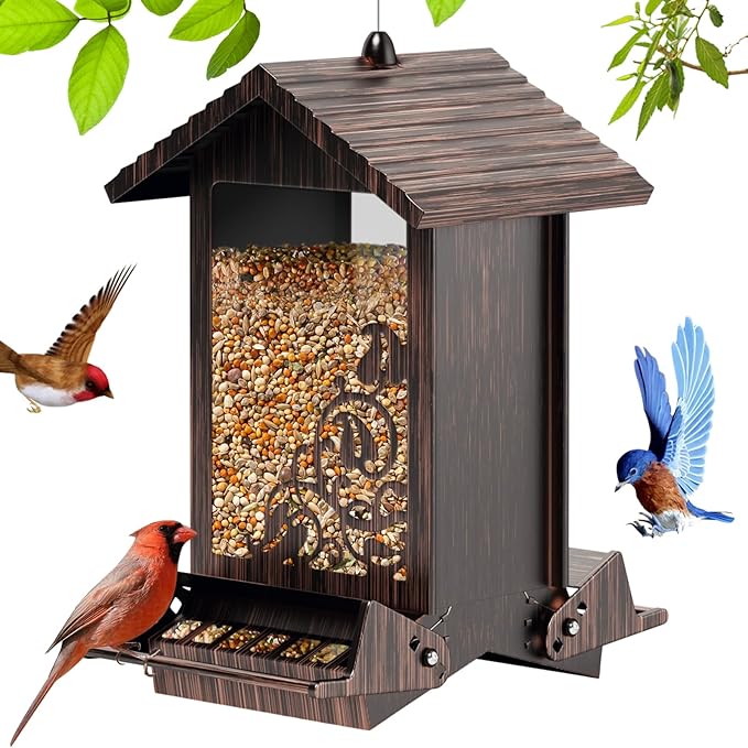 Squirrel Proof Bird Feeder for Outdoor Hanging,Metal Bird Seed Feeder with Bilateral Weight Activated Perches,5LB Large Capacity Wild Bird Feeders for Outside,Easy Refill and Clean,Brown-VerdiqueGarden