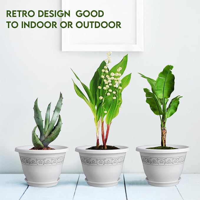 10 Inch Plant Pots with Drainage Hole - Lightweight Flower Pots for Herbs and Flowers - Home Decor Plastic Planters for Indoor Outdoor Plants- Pack of 4 (White, 10 inch)-VerdiqueGarden