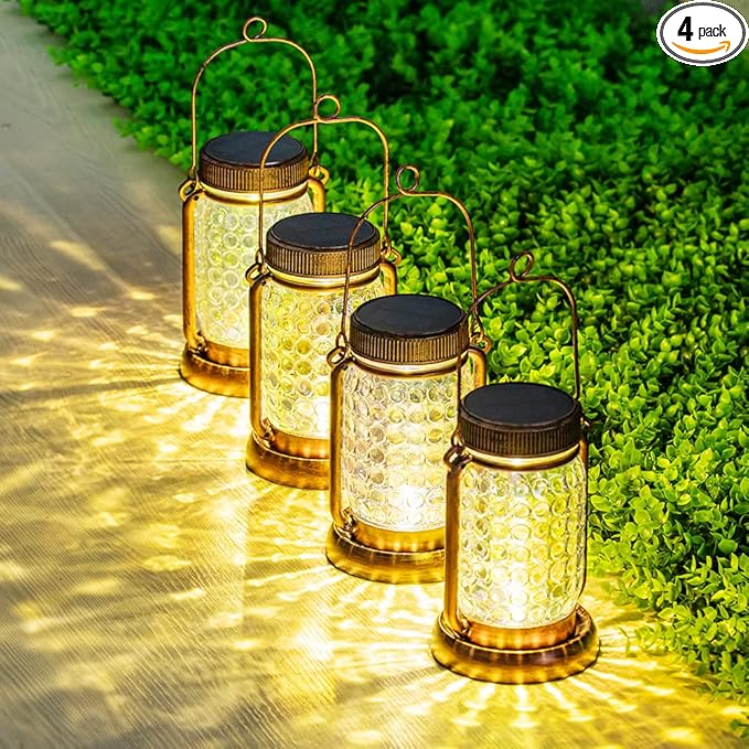 Outdoor Garden Decor, 4 Pack Solar Lantern Waterproof Warmwhite Mason Jar Hanging Lights, Porch Decorative for Garden Yard Patio Backyard Deck Courtyard Lawn-VerdiqueGarden