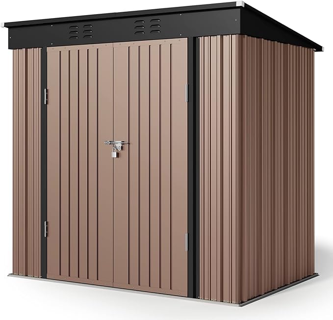 Gizoon 6' x 4' Outdoor Storage Shed with Double Lockable Doors, Anti-Corrosion Metal Garden Shed, Waterproof Shed Outdoor Storage Clearance for Backyard Patio Lawn-Brown-VerdiqueGarden