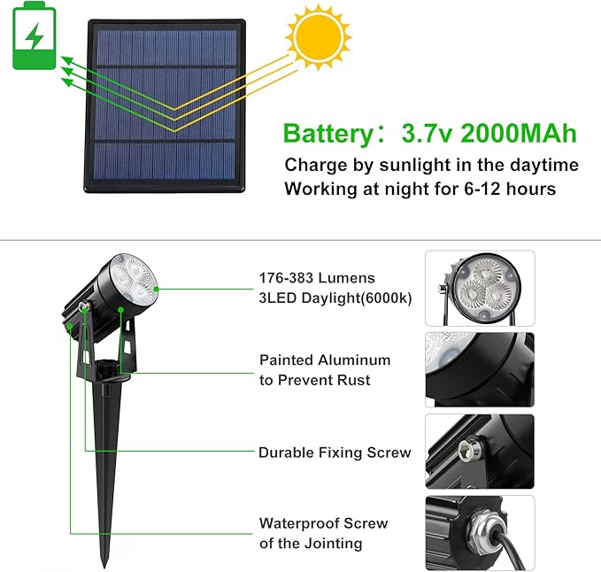Solar Spot Lights Outdoor, 3-in-1 Garden Spotlights IP65 Waterproof 9.8ft Cable, 5W 4000mAh Separated Solar Panel, Auto On/Off for Tree Patio Yard Driveway Pathway Pool(Cold White 6000K)-VerdiqueGarden