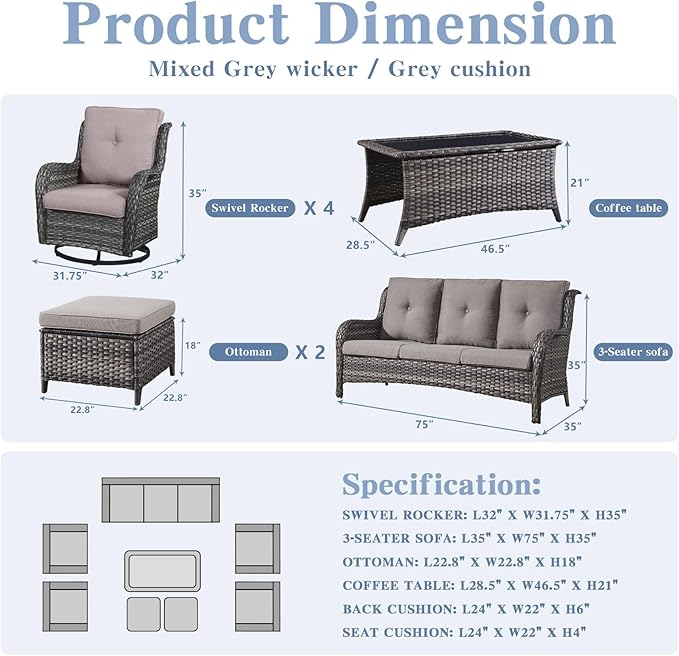 Wicker Patio Furniture Sets - 8 Piece Outdoor Rattan Furniture Conversation Sets with 4 Swivel Rocker Chairs, Rattan Sofa, Wicker Ottomans and Coffee Table, Mixed Grey/Grey-VerdiqueGarden