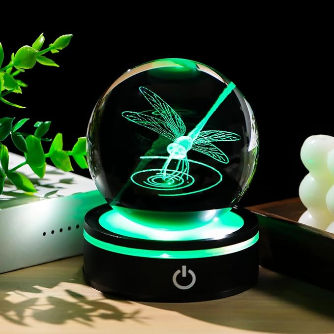 YWHL Crystal Ball 3D Dragonfly Figurine with LED Base, Dragonfly Gifts for Men Women on Christmas Birthday, Glass Animals Insect Sphere Decorative Ball for Home Decor (80mm)-VerdiqueGarden