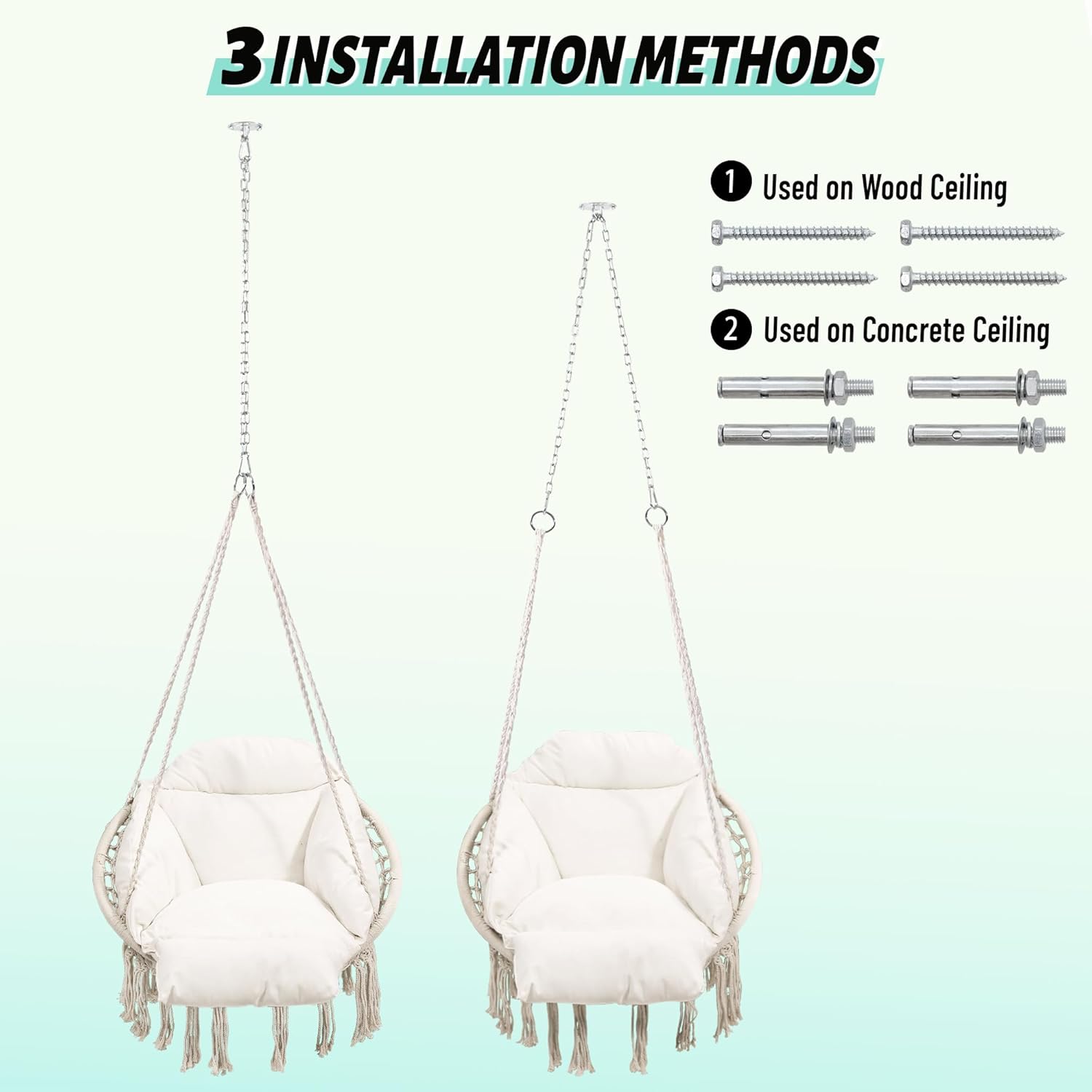 Macrame Hammock Hanging Swinging Chair with Oversized Cushion, Perfect for Bedroom, Porch, Kids, Adults, Balcony, Beige-VerdiqueGarden