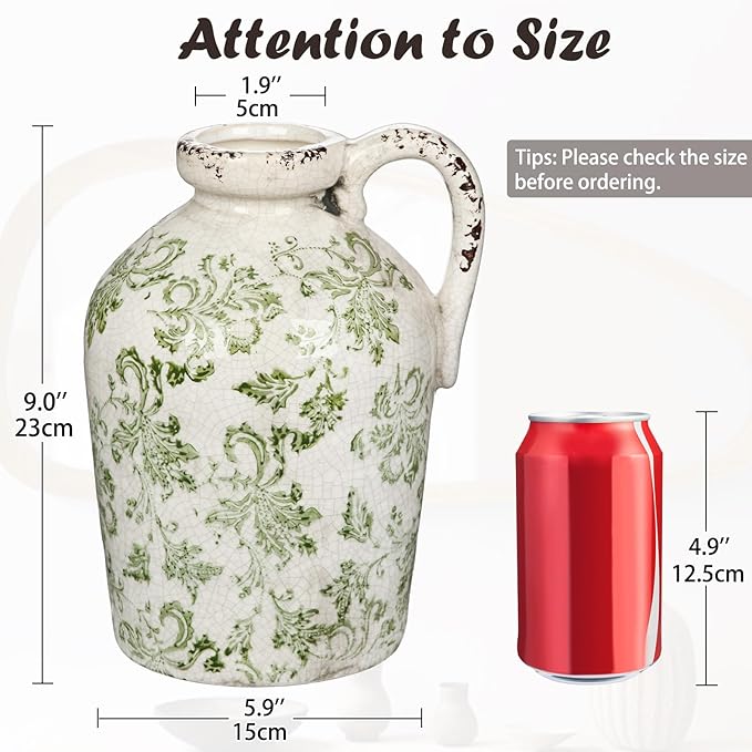 Ceramic Rustic Farmhouse Vase, 9 inch Ceramic Green and White Vase for Centerpieces Pampas Grass Pottery Jug with Handle Boho Chinoiserie Decor Vintage Vases for Living Room Kitchen Dinner Table Shelf-VerdiqueGarden