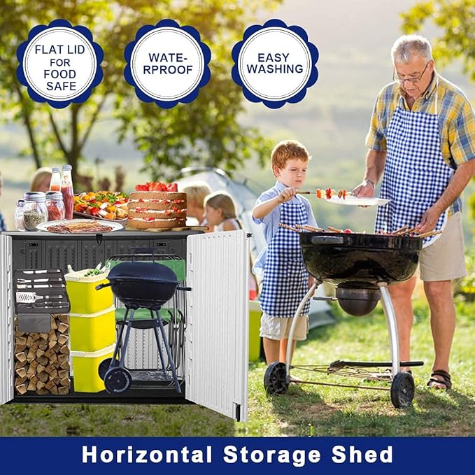 KINYING Outdoor Storage Shed - Horizontal Storage Box Waterproof for Garden, Patios, Backyards, Multi-Opening Door for Easy Storage of Bike, Garbage Cans, Tools, Lawn Mower, Off-White, 26 Cubic Feet-VerdiqueGarden