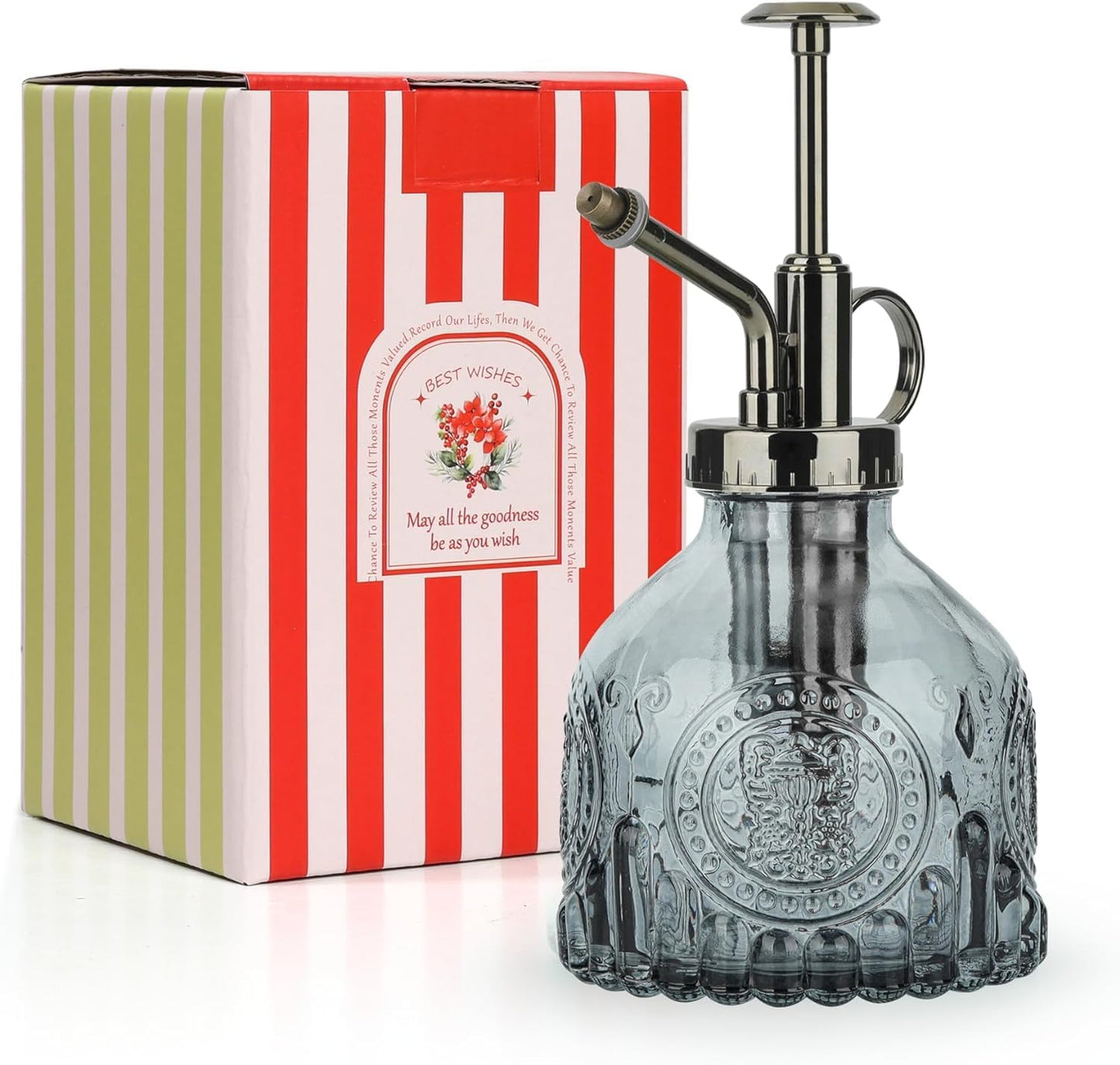 T4U Glass Plant Mister 200ML, Vintage Spray Bottle with Top Pump Fine Mist Garden Flower Sprayer Small Decorative Spritzer Watering Can Gift for Indoor Outdoor Succulent House Plant (Grey)-VerdiqueGarden