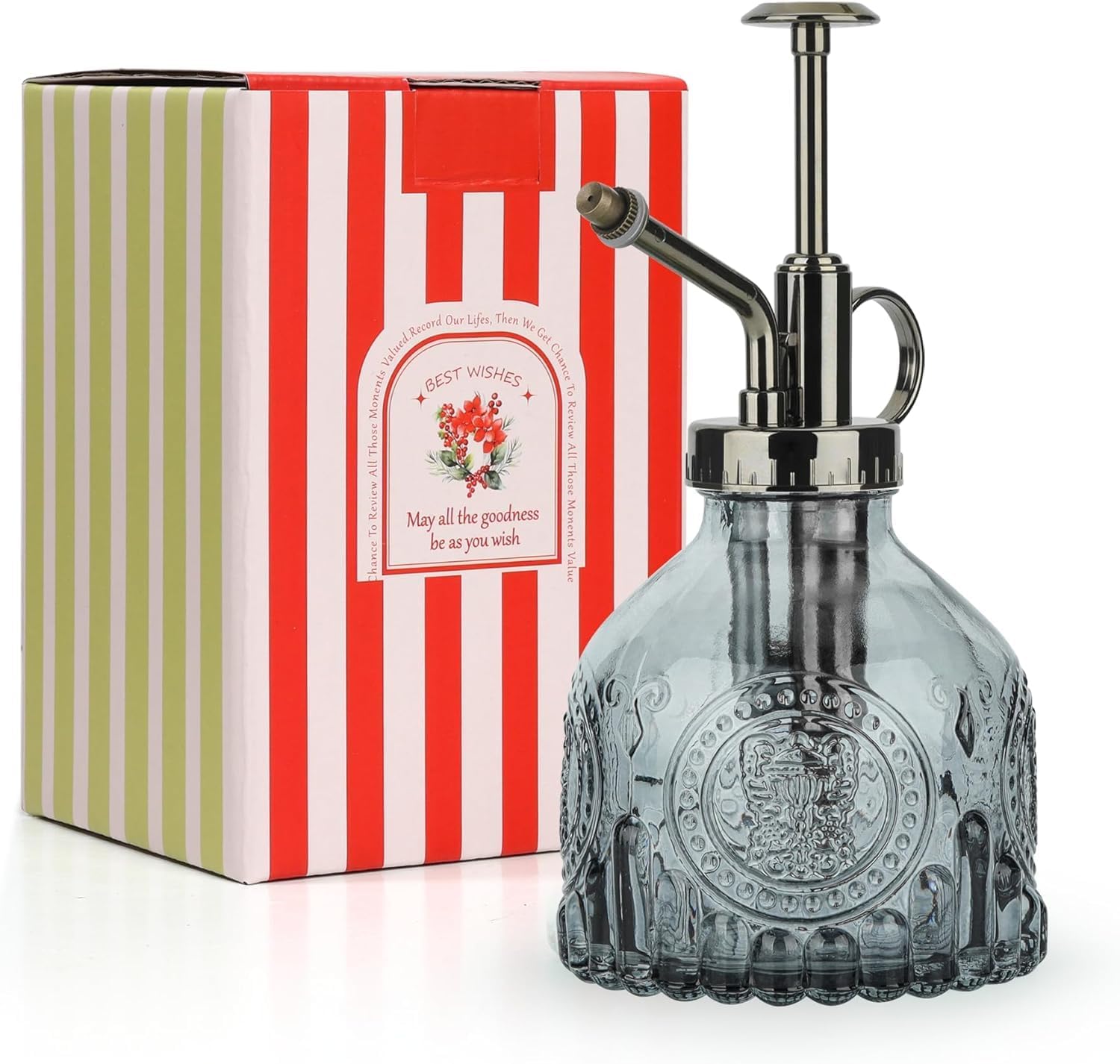 T4U Glass Plant Mister 200ML, Vintage Spray Bottle with Top Pump Fine Mist Garden Flower Sprayer Small Decorative Spritzer Watering Can Gift for Indoor Outdoor Succulent House Plant (Grey)-VerdiqueGarden