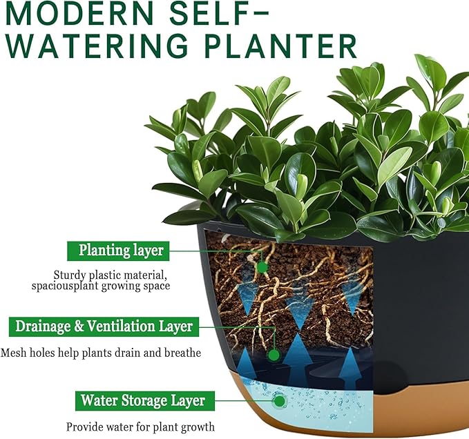 10 Inch Pots for Indoor Plants, Large Self Watering Planters with Drainage and Saucers, Plastic Outdoor Flower Pot, Set of 2, Grey-VerdiqueGarden