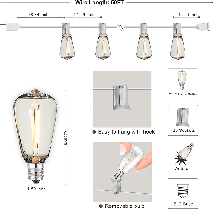 Outdoor String Lights 50FT Waterproof,LED Patio Lights Dimmable with 27 Bright Shatterproof Retro Bulbs,Vintage Edison String Hanging Lights for Outside Bistro,Backyard,Balcony,White Cable-VerdiqueGarden
