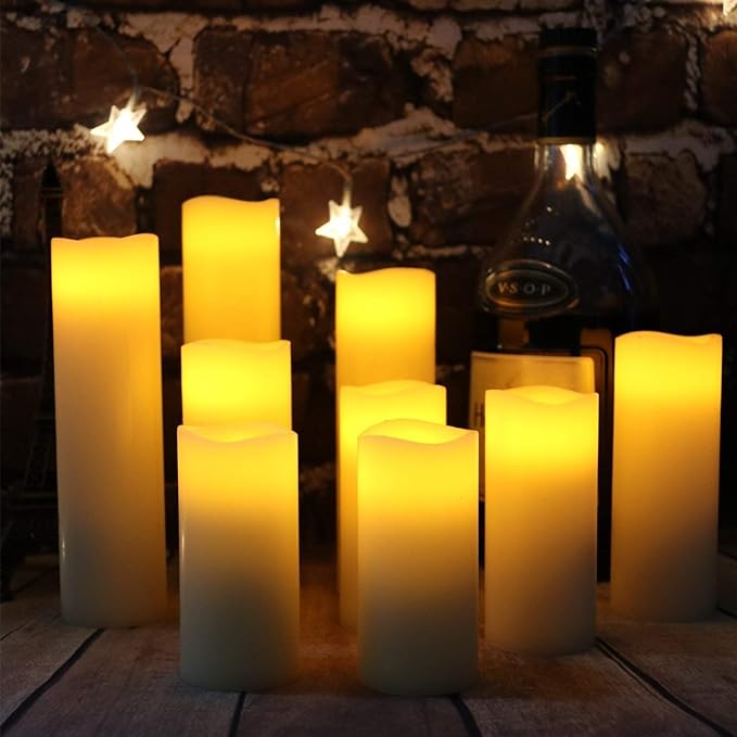 Flameless Flickering Battery Operated Candles 4" 5" 6" 7" 8" 9" Set of 9 Ivory Real Wax Pillar LED Candles with 10-Key Remote and Cycling 24 Hours Timer (Ivory)-VerdiqueGarden