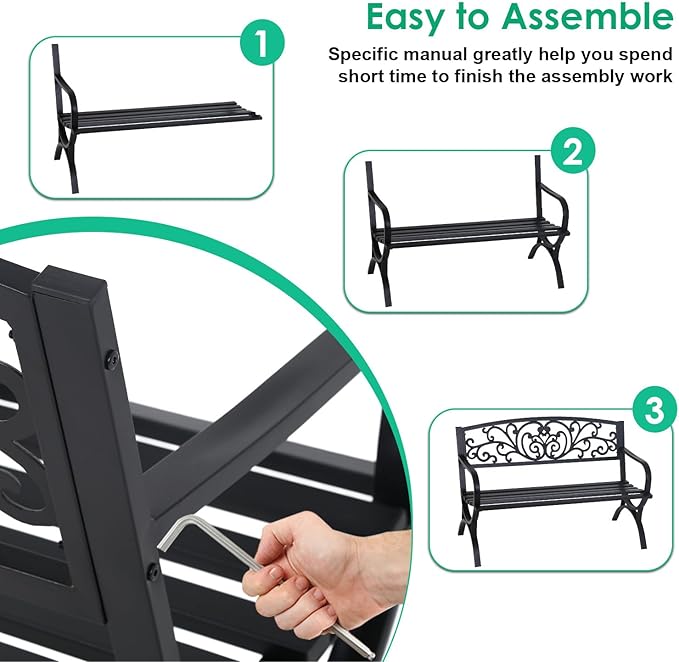 FDW Outdoor 50 Inches Garden Bench, Slatted Seat Armrests Floral Design Backres and Arch Legs, Perfect for Park, Yard, Porch, Lawn, Balcony, Backyard, Black-VerdiqueGarden