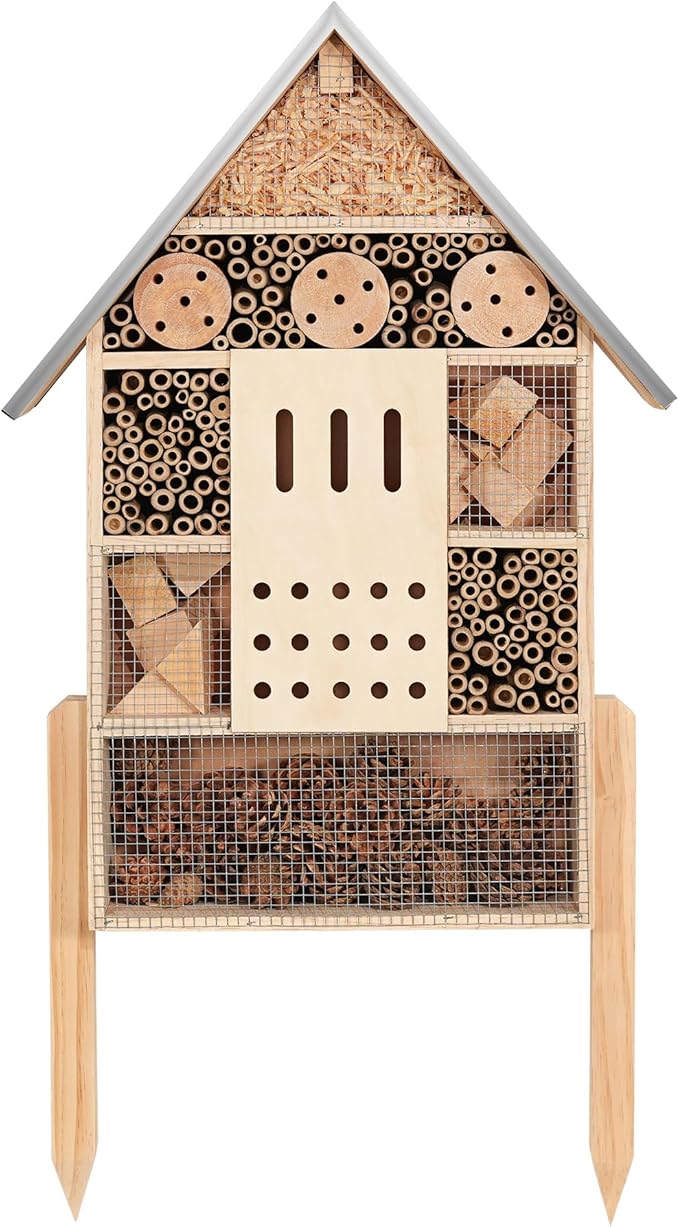 antiai Extra Large Wooden Insect House with Stakes,Wood Mason Bee Butterfly House,Insect Hotel,an Outdoor Bamboo Habitat for Ladybugs Live,Bee Box,Butterfly Habitat for Garden and Yard,30" H x15 W-VerdiqueGarden