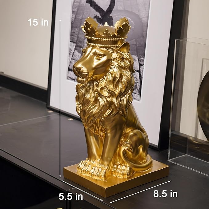 Gold Room Décor Lion Statue – 15 Inch Gold Statue Lion Figurine House Decorations with Crown Lion Statues Home Décor Lion Decoration Décor for Living Room Gold Décor 8.5 * 5.5 * 15 Inch-VerdiqueGarden