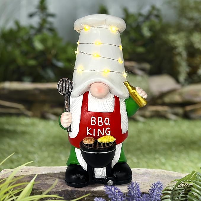 BAYN Garden Gnome Statues Outdoor Decor, Solar Powered Outdoor Gnome with BBQ Grill Decorative Yard Garden Lights Art Gifts with 11 Warm White LEDs-VerdiqueGarden