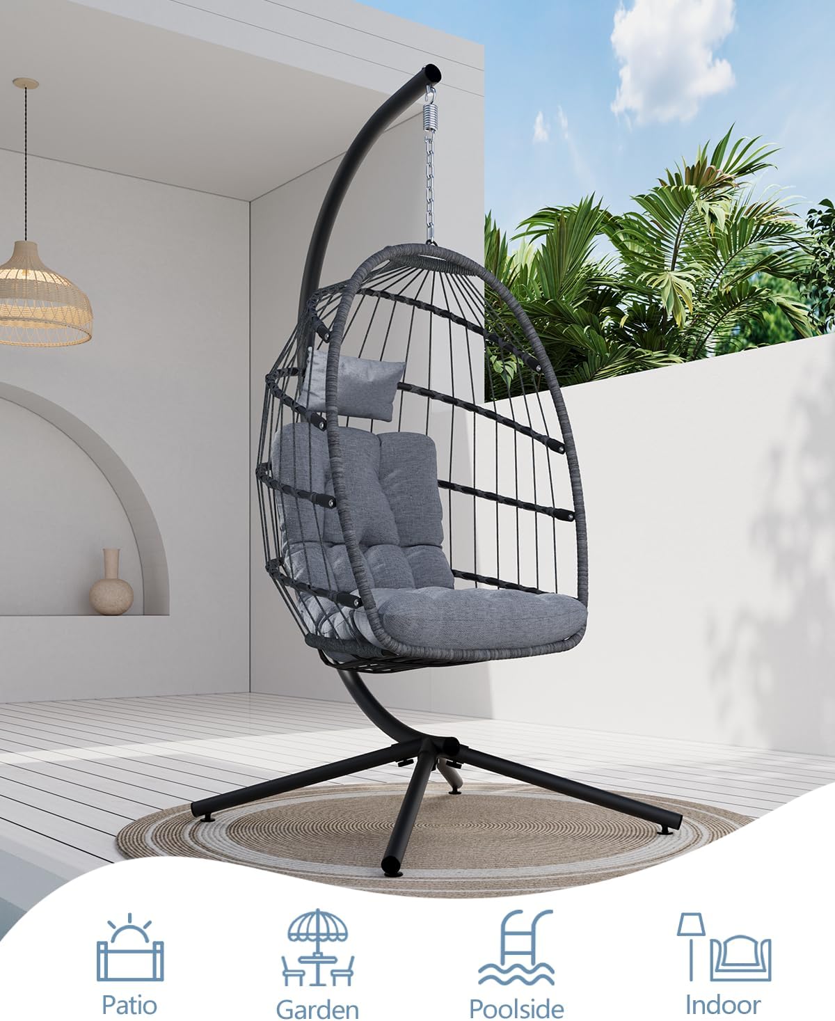 SWITTE Egg Chair Outdoor with Stand, Indoor Wicker Hanging Egg Swing Chair with Cushion, 350lbs Capacity for Patio, Bedroom, Garden - Light Grey-VerdiqueGarden
